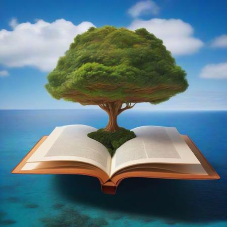 Picture an island floating in the sky, entirely composed of giant floating books with pages open