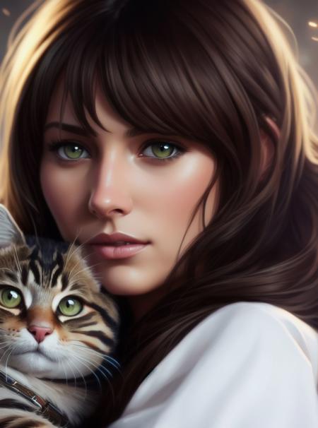 modelshoot style, (extremely detailed 8k wallpaper) ,A detailed portrait of a cute calm brunette woman hugging a tabby cybernetic cat illustrator, by justin gerard and greg rutkowski, digital art, realistic painting, dnd, character design, trending on artstation