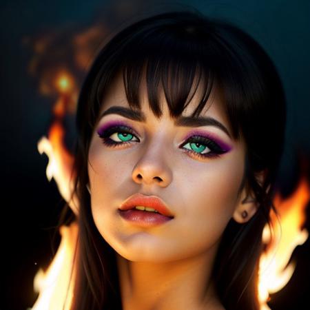 Ultra extreme closeup of a young womans eye ((((with fierce fire inferno from it)))), glossy green eye shadow, fire lighting the dark scene, super macro, green eye, view from side, mascara, winged eyeliner, mesmerizing, eyelash extension, shallow depth of field, f/1.4, focus blur, beautiful, bokeh, reflections, ultra realistic, gorgeous, silky smooth skin, dramatic light