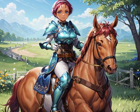 (brown horse,riding a brown horse,saddle,reins:1.1),,<lora:fionaV1:0.8>,fiona,short hair, armor, armored boots, belt, breastplate,hairband, shoulder armor, looking at viewer,white pants, white gloves, gauntlets,  jewelry, knee boots,outdoors,grass,(masterpiece, best quality, ultra-detailed, best shadow)