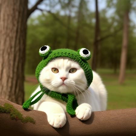 <lora:green_ois_hat:1.0>A fluffy white cat in a green ois hat with a pair of frog eyes BREAK, lounging on a branch, its paws hanging over the bark, in a digital oil painting style.