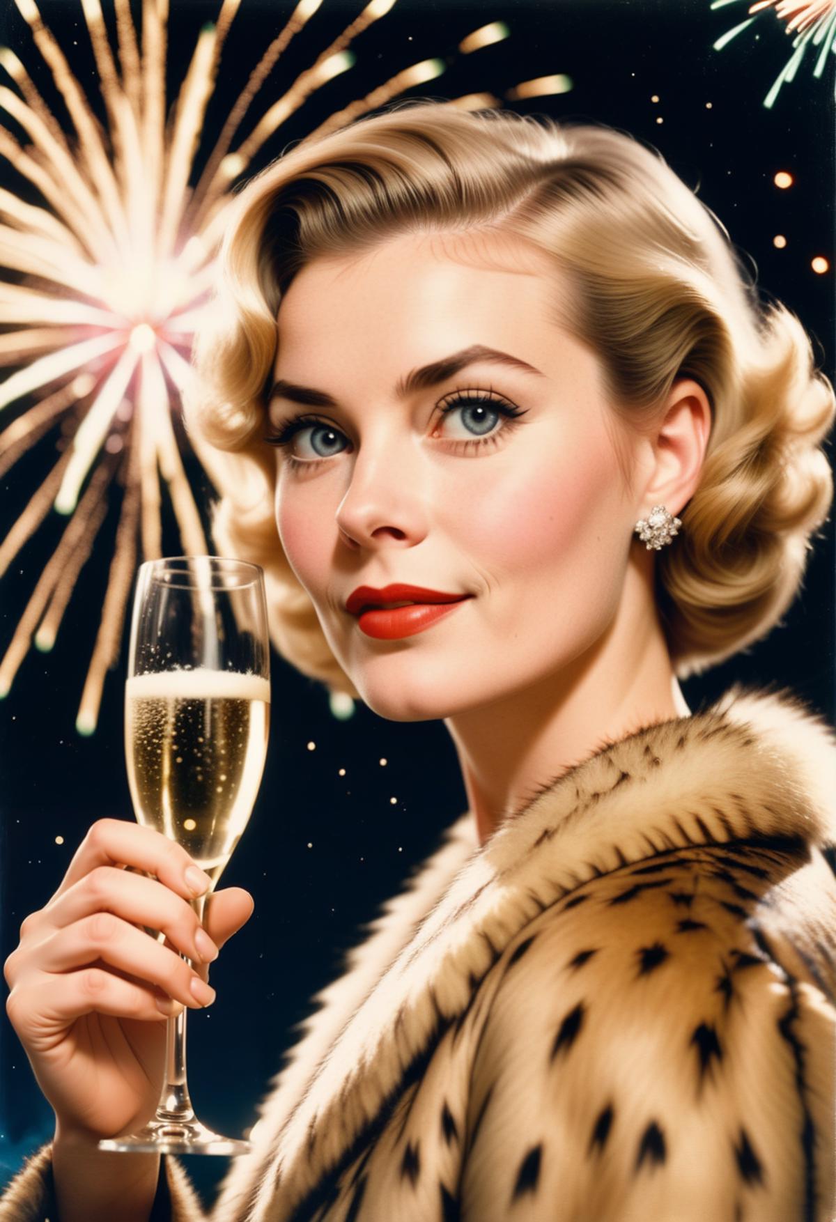 vintage polaroid, up close photo of a beautiful woman standing in front of fireworks at night, holding a champagne flute, ...