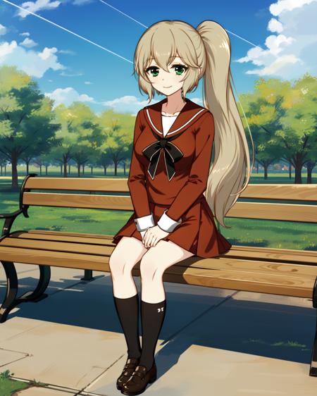 masterpiece, high quality, pmmmorikomagi, 1girl, green eyes, looking at viewer, blonde hair, side ponytail, red uniform, black bowtie, red shirt with white edgings, red skirt, white kneehighs, long sleeves, outdoors, park, bench, sitting, light smile, day, sky, clouds, detailed hands, <lora:pmmmorikomagi_v2-000007:0.75>