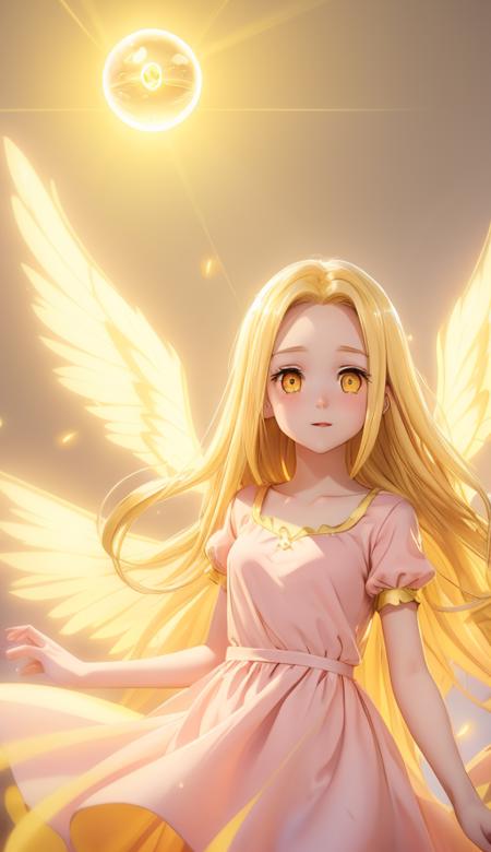 <lora:Elaine:1>   Long blonde hair, golden eyes, pale pink dress with short sleeves, floating pose, yellow light emanating from behind resembling wings, fair complexion