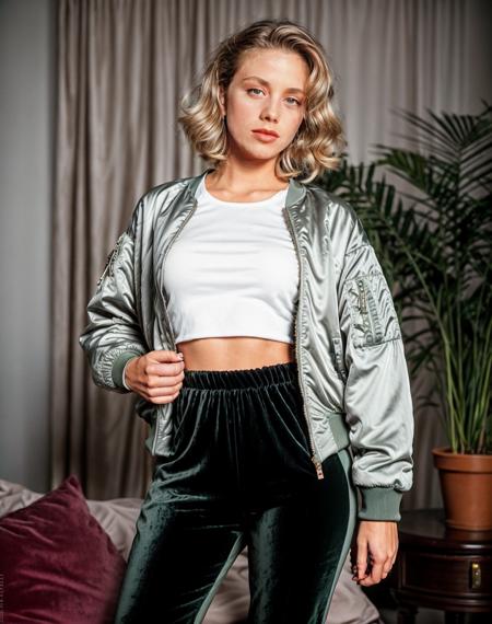 analog film photo realistic,  Dutch angle, intricate details, a woman wearing Bomber Jacket, sweatshirt and Velvet pants: Luxurious pants made from soft, velvet fabric. <lora:quiron_SaraStJames_v1_lora:0.57> SaraStJamesQuiron woman, . faded film, desaturated, 35mm photo, grainy, vignette, vintage, Kodachrome, Lomography, stained, highly detailed, found footage