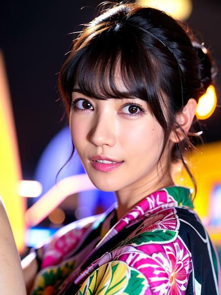 <lora:KaedeKarenSFWFACE:0.9>, karen, 1girl, solo, realistic, lips, mole, black hair, SFW, kimono, photorealistic, best quality, ultra high res, outdoor, amusement park, colorful, joyful expression, cute headband, looking back over shoulder, amusement park rides and attractions in background, night time setting, beautiful, masterpiece, best quality, extremely detailed face, perfect lighting, best quality, ultra high res, photorealistic, ultra detailed, masterpiece, best quality,