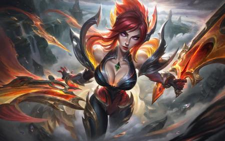 best aesthetic, lolsplashart, cnserver exclusive, Dawnbringer Riven, Mythic Chroma, 1girl, solo, long hair, breasts, looking at viewer, bangs, large breasts, gloves, navel, cleavage, purple eyes, weapon, red hair, multicolored hair, parted lips, elbow gloves, midriff, pants, armor, lips, clothing cutout, dutch angle, makeup, glowing, cleavage cutout, lipstick, shoulder armor, gem, eyeshadow, red lips, a beautiful woman with long red hair, wearing a red and black dress, and holding a sword. She is standing in front of a dark background with a cloudy sky, which adds a dramatic and mysterious atmosphere to the scene. The woman's pose and the sword in her hand evoke a sense of power and strength, while her red hair and dress contribute to her overall elegance and allure. The combination of the woman's beauty, the dark background, and the sword creates a visually captivating and intriguing image that invites the viewer to explore its deeper meaning and symbolism.