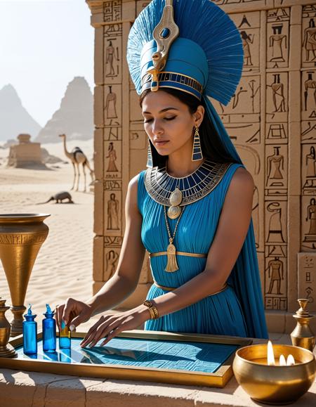analogue photo of A royal priestess pours blue-glazed jars of perfumed oil onto a sun-scorched altar etched with the cartouche of a long-dead pharaoh, her headdress of ostrich feathers framing a face stoic in sacred duty beneath golden rays of Ra., wlae86, <lora:sdxl_Egyptian_WalkLikeOne:1.0> clear focus, high resolution image,  ,Ancient, egypt, mystical and epic feel,,high quality, film grain, Fujifilm XT3, 8k uhd, dslr, film grain, kodak tri-x 400 film, grain photo DOF, faint lighting, dynamic angle, cinematic, Depth of field, bokeh, best quality, cinematic, light particles, highly_detailed, very_aesthetic, golden hour, beautiful_and_aesthetic ,Sexy pose, erotic pose, exhibitionism,