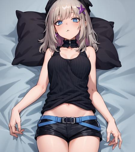 <lora:AA12:1>,
1girl,cowboy shot,aa12jacketless,black tank top,star hair ornament,black shorts,belts,beanie,bedroom,in bed