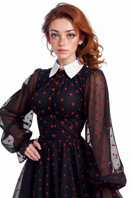 BRM1n1h3arts, heart print dress, short dress, puffy long sleeves, black dress, collared dress,<lora:BRM1n1h3arts:0.7> masterpiece, best quality, <lora:age_slider_v20:1> <lora:detail_slider_v4:1>  <lora:Fr3ckles:0.7> Fr3ckles, freckles, long hair, ginger hair, white background,