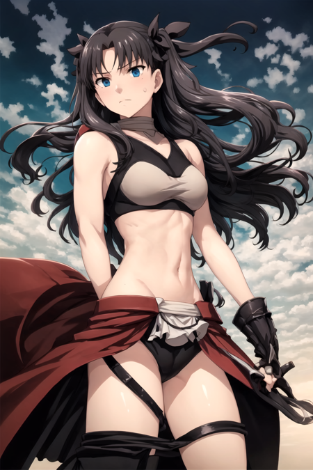 1girl, solo, long hair, tohsaka rin, blue eyes, official alternate costume, navel, two side up, midriff, sky, gloves, cosplay, cloud, archer (fate),