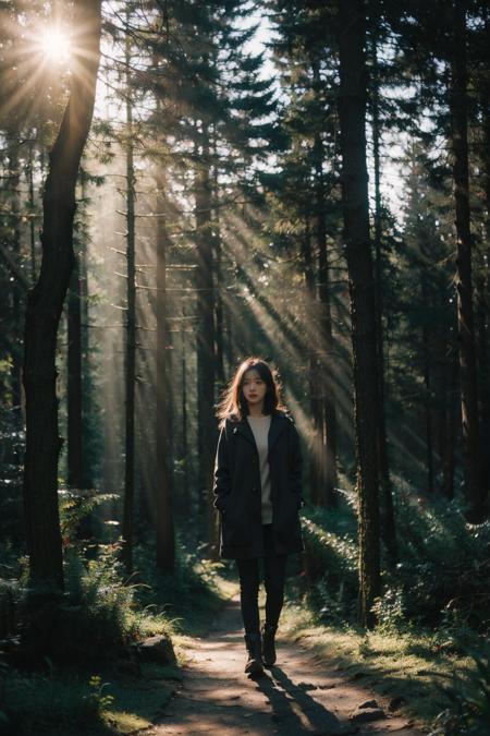 Best Quality,Masterpiece,Ultra High Resolution,(Realisticity:1.4),Original Photo,Cinematic Lighting,
1Girl,light,full body,tindal effect,<lora:Tyndall effect-Light:0.6>,light through the forest,