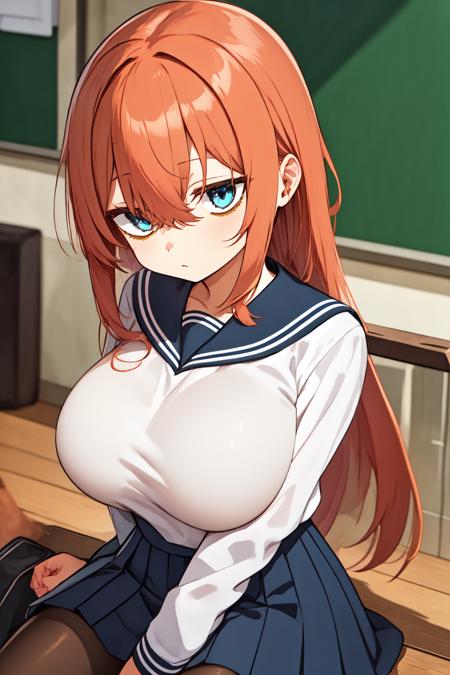 komaro, blue eyes, orange hair, bags under eyes, bangs, hair between eyes, long hair, long sleeves, school uniform, serafuku, sailor collar, (white shirt:1.2), pleated skirt, black pantyhose, <lora:komaro_lora_ver1:0.8>
(sitting :1.2), large breasts,, best quality, masterpiece, highres,