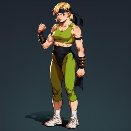 xsonyax, brown eyes, blonde hair, short hair headband, sports bra, pants, socks, sneakers, black sash, spiked arm guards, armlet