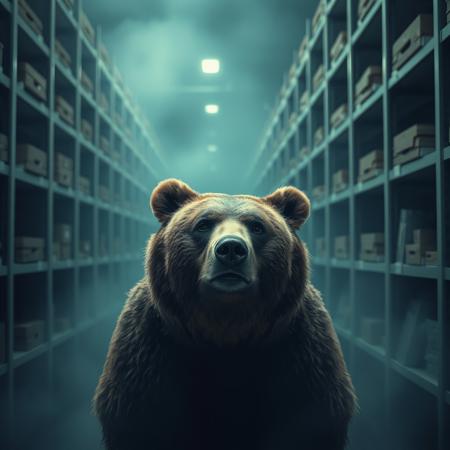 A grizzly bear is lost in endless SCP IKEA., Atmospheric haze, liminal space, eerie, dramatic, high contrast, highly detailed, cinematic color grading.