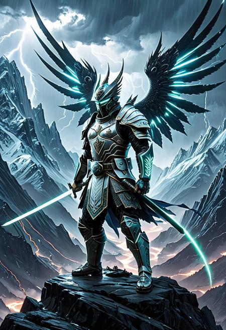 futuristic samurai warrior wearing high-tech armor with glowing circuits, neon katana, A majestic griffin soaring through a stormy sky, with lightning illuminating its powerful wings and sharp talons. The griffin is a symbol of strength and courage, its eyes filled with determination as it faces the elements. The landscape below is a rugged mountain range, with jagged peaks and deep valleys. The style is a blend of classical painting and fantasy art, reminiscent of the works of Frank Frazetta and Boris Vallejo, with a color palette of dark blues, grays, and whites, 420futurism