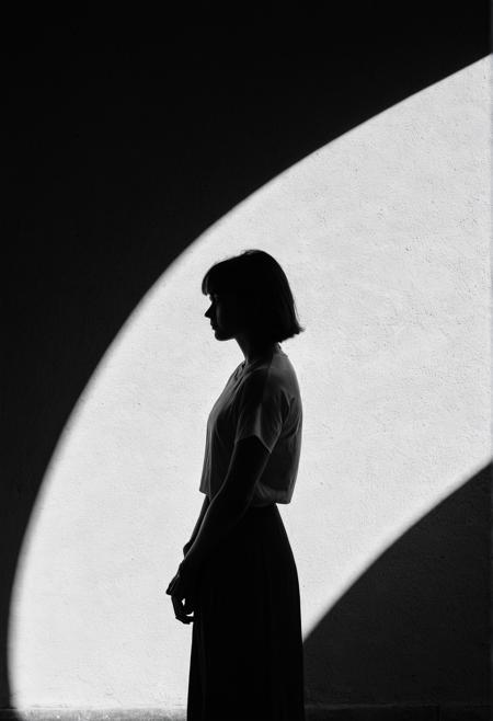 shadow play of  woman posing, long shadows, bright wall breakthrough  in dark underpass, spotlight, looking over shoulder,   (cinematic),  (film grain) <lora:SagTi_r1:0.4> <lora:add-detail-xl:0.1>