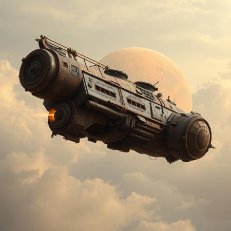 A large, aged, rusty spaceship with a round engine flies through a cloudy sky against a backdrop of a large, orange planet. The spaceship is a complex design, with many windows, hatches, and panels. The engine is lit with flames. The ship's surface has ma
