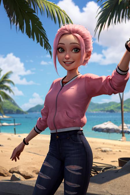 ((masterpiece,best quality)), absurdres,
<lora:Brooklynn_Jurassic_Park:0.7>, Brooklynn_Jurassic_Park,  
solo, smiling, looking at viewer, cowboy shot, 
tropical background, cinematic composition, dynamic pose,