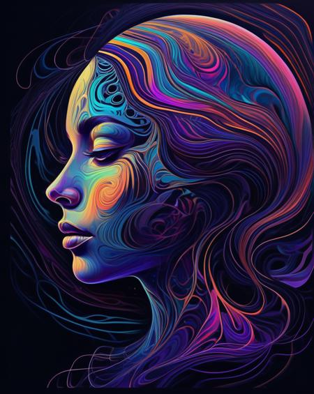 digital painting,woman head,psychedelic colors, dynamic, moonlight, smooth, abstract, intricate,Fluid Lines,Organic Patterns, Mystical, dark Colors, Ink, aesthetic, best quality