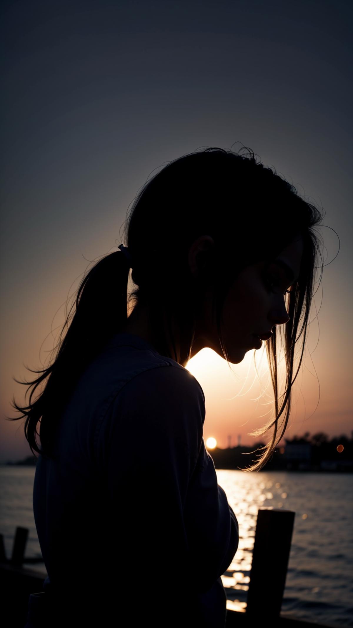 A woman wearing a ponytail, looking at the sunset.