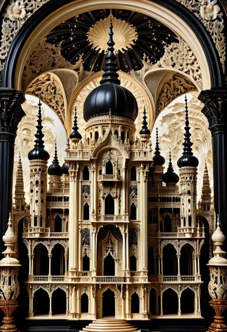 a grand palace carved entirely from ebony and ivory, intricate scrimshaw style, highly detailed architecture, ornate engravings, black and white contrast, majestic towers and domes, baroque and gothic fusion, carved textures in bone and wood, surreal and elegant atmosphere, symmetrical design, dramatic lighting, fantasy setting, hyper-detailed, sdxl style