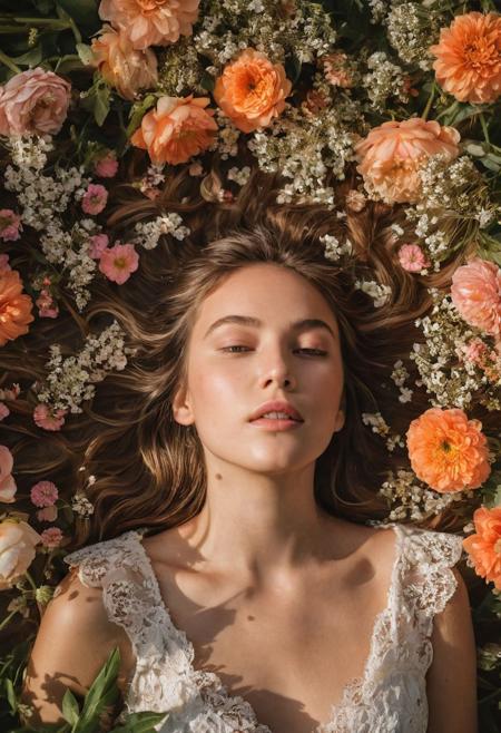 This captivating image, taken with a Canon EOS R5 and a Canon RF 85mm f/1.2 lens, is a beautiful portrayal of a girl immersed in a floral wonderland. The unique perspective, shot from above, showcases the girl surrounded by a vibrant array of flowers, their natural sin textures, and the soft sunlight filtering through. The warm sunlight illuminates her face, creating a radiant glow that accentuates her features. The sharp lens captures the delicate details of the flowers and the girl's expression, drawing the viewer into the moment. It's a whimsical and dream-like scene, inviting viewers to imagine the scent of the flowers and the peacefulness of being surrounded by nature's beauty.