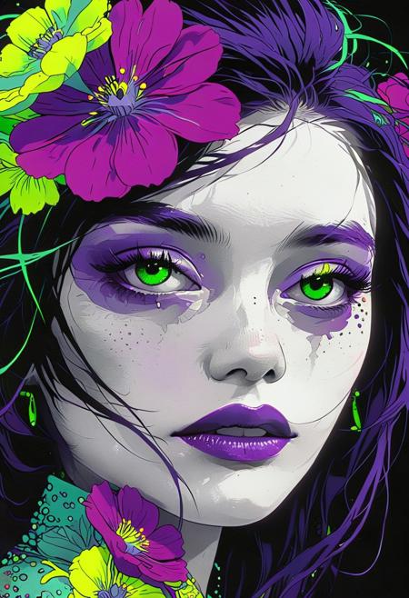 a japanese woman with flowers in hair, shadow veiling her eyes, Conrad Roset, pop art, pop surrealism, dark color gradet, very detailed 3d effect, deep image visualisation, extreme depth of field, create a pop-art hyperpunk scene with desaturated dark purple and neon-green details, colorful (polaroid:0.7) with vibrant colors, (vacations, high resolution:1.3), (small, selective focus, european film:1.2), (sexual advance:1.1), closeup As you close into the depths, the pristine white walls of an elongated Exoplanet base glisten in the moonlight. But as it enters into their exploration, Sultry boudoir photography, Portals ringed with colors extending beyond normal perception ultraviolets so deep they hurt to perceive,by Kuang Hong, Milton Glaser, Vector Art, landscape, Movie still, best quality, hair light, Slow Shutter Speed, Kodak UltraMax 400, Depth of field 270mm, digital art, rich colors