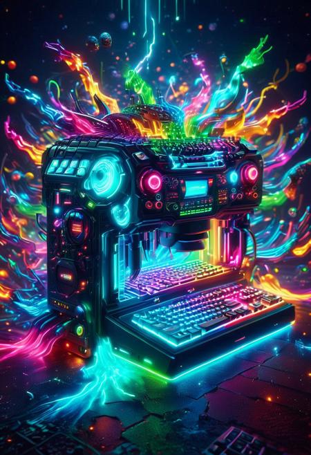 The RGB Kingdom, Masterpiece, best quality, amazing quality, absurd, latest, volumetric lighting, UHD, SFW, vibrant colors, neon, vivid colors, RGB-infused Nanite Swarms with swirling colors, keyboards, stunning visuals, exquisite detail, digital art, humorous, realistic, highly detail, beautiful, surreal, dramatic, galaxy fantasy colors, glowneon, glowing, sparks, lightning
