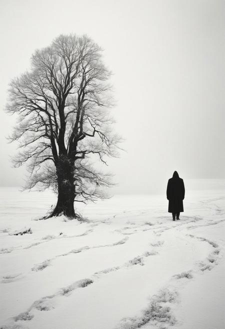 In a desolate expanse of snow, a lone figure stands amidst swirling flakes, his silhouette etched against the bleakness. Behind him, a colossal creature looms, its monstrous form obscured by the mist of the blizzard, eyes gleaming with malevolent intent. The man's posture exudes resignation and defiance, a stubborn refusal to yield to the overwhelming terror. Rendered in stark black and white, shadows dance across the landscape, casting ominous shapes upon the snow-covered ground. This surreal tableau by artist Jesper Ejsing is a masterpiece of horror illustration, capturing the essence of cosmic dread and despair. It is a reminder of the darkness that lurks beneath the surface of reality, where nightmares reign supreme and the boundaries between fantasy and horror blur into an eerie, nostalgic concept art for a movie.(minimalist abstraction:1.2), (subtle gradient backdrop:1.1), (tranquil yet evocative:1.2), (conceptual portraiture:1.3), (play on perception:1.2)(surreal calm:1.1), (visual metaphor:1.3),