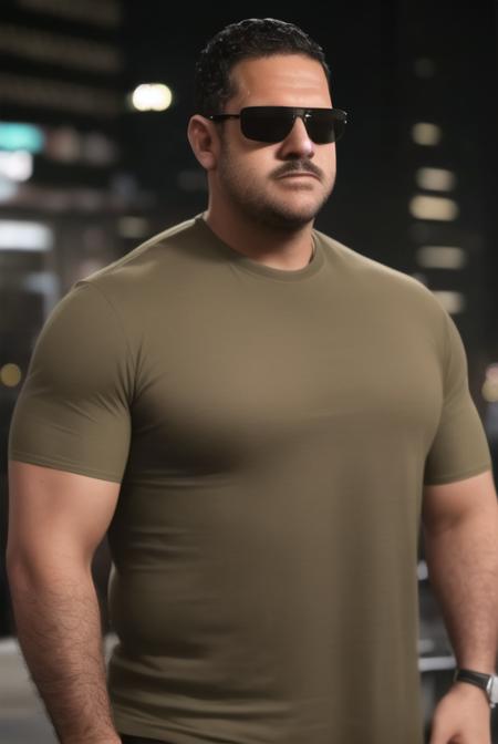 <lora:bogg_dann:0.8>, bogg dann, masterpiece, best quality, 1boy, solo, male focus, shirt, wristwatch, watch, facial hair, night, outdoors, black hair, closed mouth, short sleeves, building, realistic, blurry, brown shirt, t-shirt, photo background, upper body, standing, sky, sunglasses, towel on one shoulder, towel,