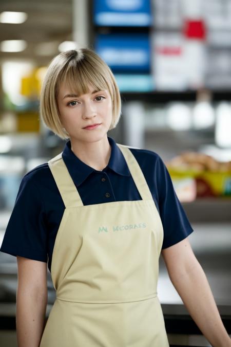 1girl, solo, portrait of a McDonald worker wearing uniform at a counter, pixie cut with bangs, McDonald's, looking at viewer, blurry_background, bokeh, chromatic_aberration, depth_of_field, female focus, photorealistic, soft colors, masterpiece, high quality, (high detailed skin:1.1)
 <lora:emily_kinney_lora_v02:1> ek84, blonde hair