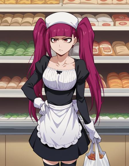 <lora:riruka-dokugamine-anime-ponyxl-lora-nochekaiser:1>, riruka dokugamine, long hair, twintails, red eyes, purple hair, bangs, blunt bangs, thighhighs, hat, maid, long sleeves, gloves, dress, black dress, skirt, black skirt, collarbone,