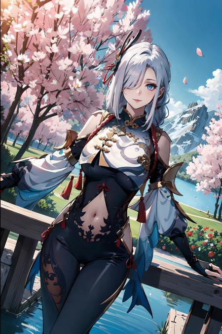 <lora:ShenHe:0.8>, shen_he, beautiful girl, dancing, ((cowboy shot)), white hair, ((very long hair)),(gigantic breasts), braid ponytail, ponytail, jewelry, hair over one eye, black bodysuit, hip vent, shoulder cutout, navel, breasts curtain, hair ornament, blue eyes, full body, masterpiece, best quality,  (colorful),(delicate eyes and face), volumatic light, ray tracing, bust shot ,extremely detailed CG unity 8k wallpaper,smile,((flying petal)),(Flowery meadow) sunny,sunshine, light, fantasy, windy, magic sparks, trees, lake, mountains, ((flowers)),harano,