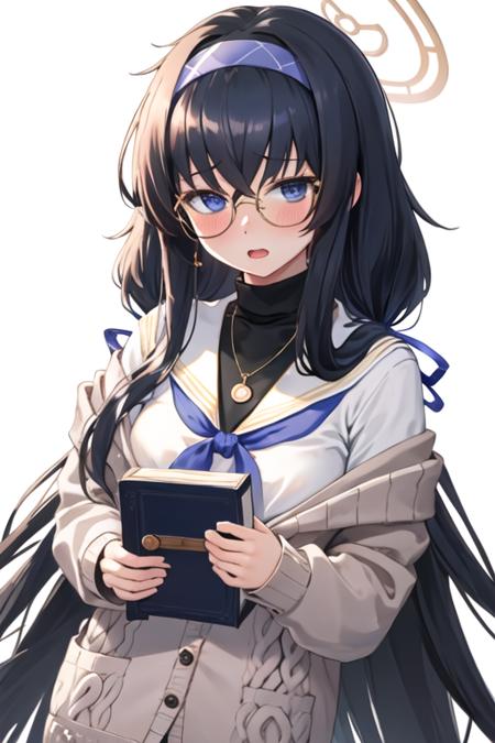 best quality, masterpiece, highres, solo, {ui_bluearchive:1.15}, long_hair, black_hair, bangs, hairband, halo, bags_under_eyes, blue_hairband, blue_eyes, hair_between_eyes, blush, jewelry, necklace, cardigan, very_long_hair, breasts, 1girl, glasses, simple_background, upper_body, white_background, round_eyewear, looking_at_viewer, open_mouth, sweater