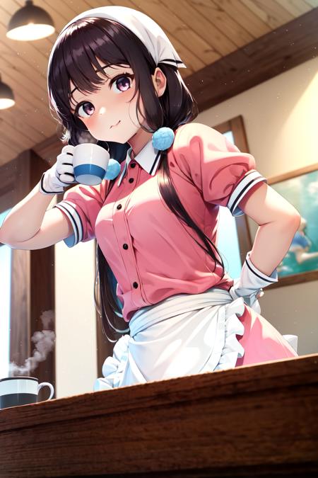 (masterpiece, best quality, absurdres:1.2), MaikaSaku, <lora:Maika5:0.8>, dynamic pose, looking at viewer, (indoors, cafe), frills, white gloves, pink uniform, puffy short sleeves, waist apron, white apron, pink shirt, frilled apron, head scarf, (holding, holding mug, drinking, steam)