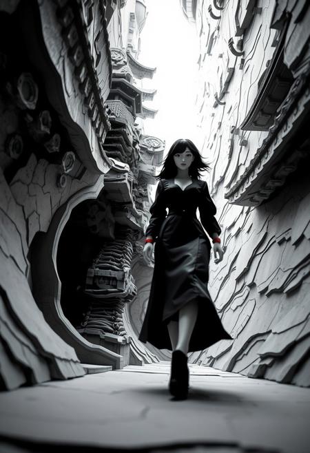 Low-angle perspective, black and white layered papier-mâché sculpture: A woman walks, the sculpted, textured layers creating a timeless and elegant effect. Cyberpunk elements blend with futuristic themes, mechanical designs, and abstract silhouettes, showing Japanese calligraphy influences in a bold composition with atmospheric depth and militaristic aesthetics.
