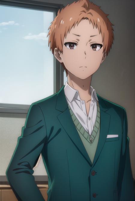 tatsumitanabe, <lora:tatsumi tanabe s1-lora-nochekaiser:1>,
tatsumi tanabe, short hair, (brown eyes:1.5), male focus, orange hair,
BREAK shirt, school uniform, jacket, white shirt, blazer, green jacket, (green blazer:1.5),
BREAK indoors, classroom,
BREAK looking at viewer, (cowboy shot:1.5),
BREAK <lyco:GoodHands-beta2:1>, (masterpiece:1.2), best quality, high resolution, unity 8k wallpaper, (illustration:0.8), (beautiful detailed eyes:1.6), extremely detailed face, perfect lighting, extremely detailed CG, (perfect hands, perfect anatomy),