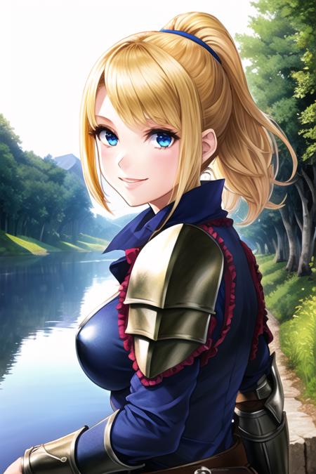 1girl, samus aran, ((highly detailed eyes)), vanillaware-32900, intricate details, round pupils,  detailed pupils, modelshoot style, blonde hair, (blue eyes), ponytail, ((portrait)), ((armor)), looking at viewer, smile, short hair, soft lighting, trees, forest, samdoesart, ((medieval town))