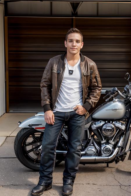 in front of a garage, garage door open, (sitting on a motorcycle), Harley-Davidson motorcycle, DylanRoberts, slight smile, wearing brown (aviator bomber jacket), white tank top, blue jeans, black Alpinestars motorcycle boots, , (((full body portrait))), wide angle,  <lora:DylanRoberts:0.8>