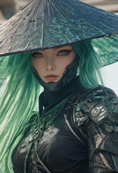 Capturing the fusion of elegance and technology, behold the busty cyborg samurai princess with large translucent sedge hat strolling through the mall, a shopping bag in hand. Clad in a sleek bodysuit adorned with a mesmerizing dark mystical galaxy pattern, she commands attention as awestruck onlookers admire her presence., OverallDetail, atmospheric haze, Film grain, cinematic film still, shallow depth of field, highly detailed, high budget, cinemascope, moody, epic, OverallDetail, 2000s vintage RAW photo, photorealistic, candid camera, color graded cinematic, eye catchlights, atmospheric lighting, imperfections, natural, shallow dof