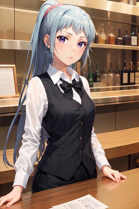 masterpiece, best quality, cowboy shot, looking at viewer, expressionless, saki kawasaki, very long hair, ponytail, hair scrunchie, collared shirt, long sleeves, black vest, black bow tie, black pants, indoors, night, bar, counter, <lora:saki_kawasaki_v2:0.9>