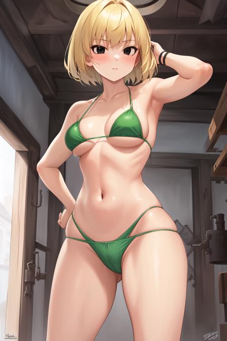 <lora:VaultGirlV2-000012:0.8>, VaultGirl, green_bikini, , 1girl, breasts, blonde_hair,  short_hair, nuclear_weapon,_hair_ornament, solo, medium_breasts, black_eyes,