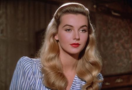 1940s vintage retro, alice DCU, long blond hair, perfect photo, highly detailed, best quality, fine details, coherent face, full body shot, standing, technicolor film still screencap, kodachrome photograph