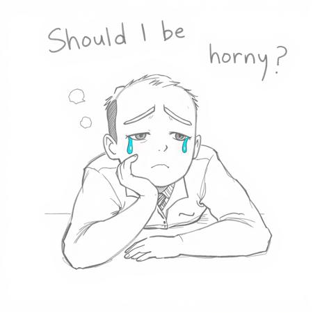 meme sketch, emotionless man thinking lying on floor with blue tears, meme text "Should I be horny?", pencil sketch