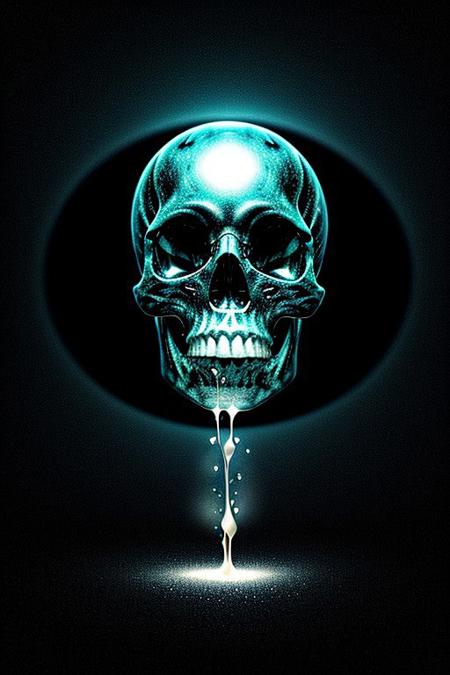 A close-up photorealistic image of a crystallic floating skull facing the viewer with its mouth open, pouring from it's mouth a shimmering liquid resembling the universe onto the ground, filled with rich stars and swirling galaxies. A simple void background enhances the dark atmosphere, shrouded in fog, capturing the hypnotic flow and shimmer of the cosmic liquid,from above view,