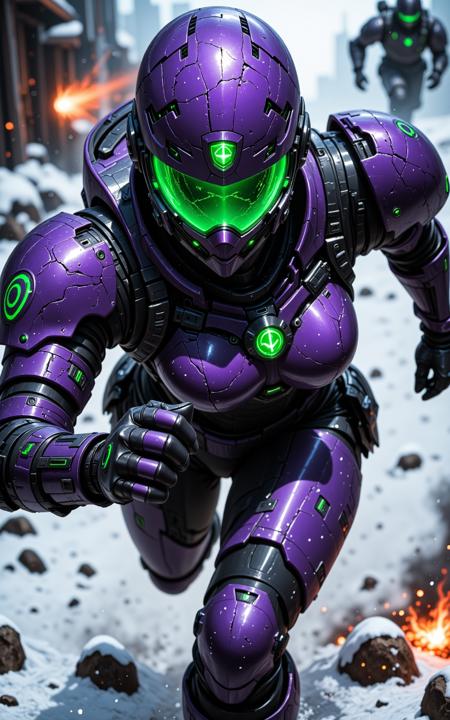 Close-up of a futuristic soldier woman mid-dash, her face determined beneath a cracked matte helmet with a green HUD display. Her armor is forged with overlapping purple-tinted alloy, highlighted by glowing green seams. The armor features Canadian military camo patterning over the arms and chest. Sparks and snowflakes clash around her as she speeds past in a war-torn megacity.

anime style, cybernetic armor, motion blur, snowy urban battlefield, neon green light, purple/black color scheme, digital camo








fmlas-mk.1, An1meL1nes
