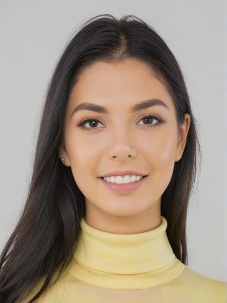 Portrait photo of g1n4v4l3ntn4, yellow turtleneck blouse, white background, detailed face slight smiling, long hair