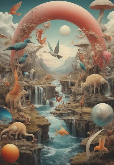 surreal landscape, fantastical creatures, vivid colors, intricate patterns, futurism, classical art, harmonious coexistence, emotional resonance, storytelling, otherworldly, balance, chaos, order, reality, fantasy, breathtaking, unique masterpiece, high detail, imaginative, dreamlike, ethereal atmosphere, luminous, awe-inspiring, timeless beauty, Surreal Harmony, Surreal Collage