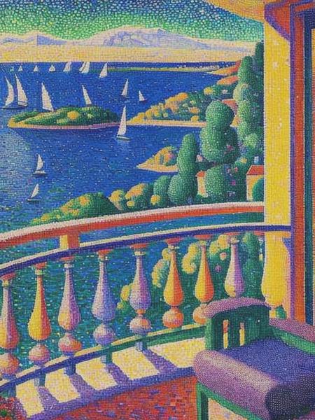 <lyco:PaulSignac:1.0> pointillism painting by Paul signac of a balcony. the balcony watching a beutiful lake.